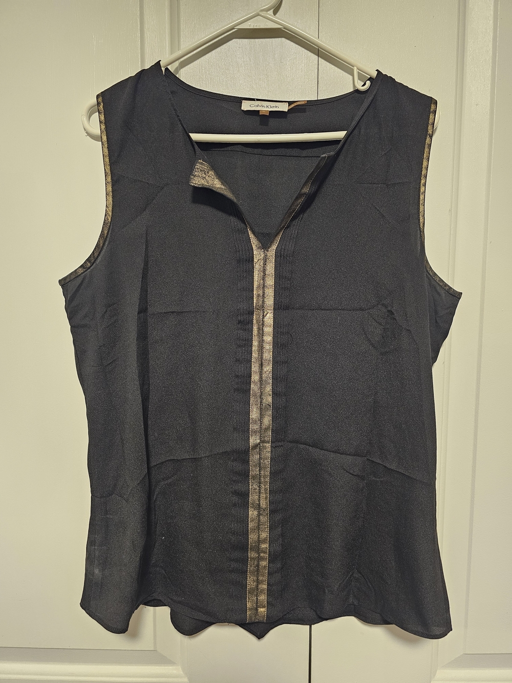 Calvin Klein Black Sleeveless V-Neck Top with Gold Trim